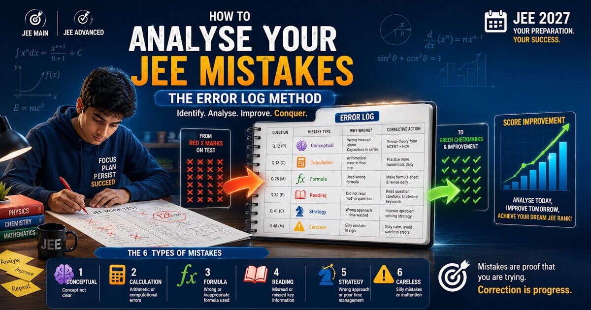 Student reviewing mock test mistakes and maintaining an error log for JEE preparation