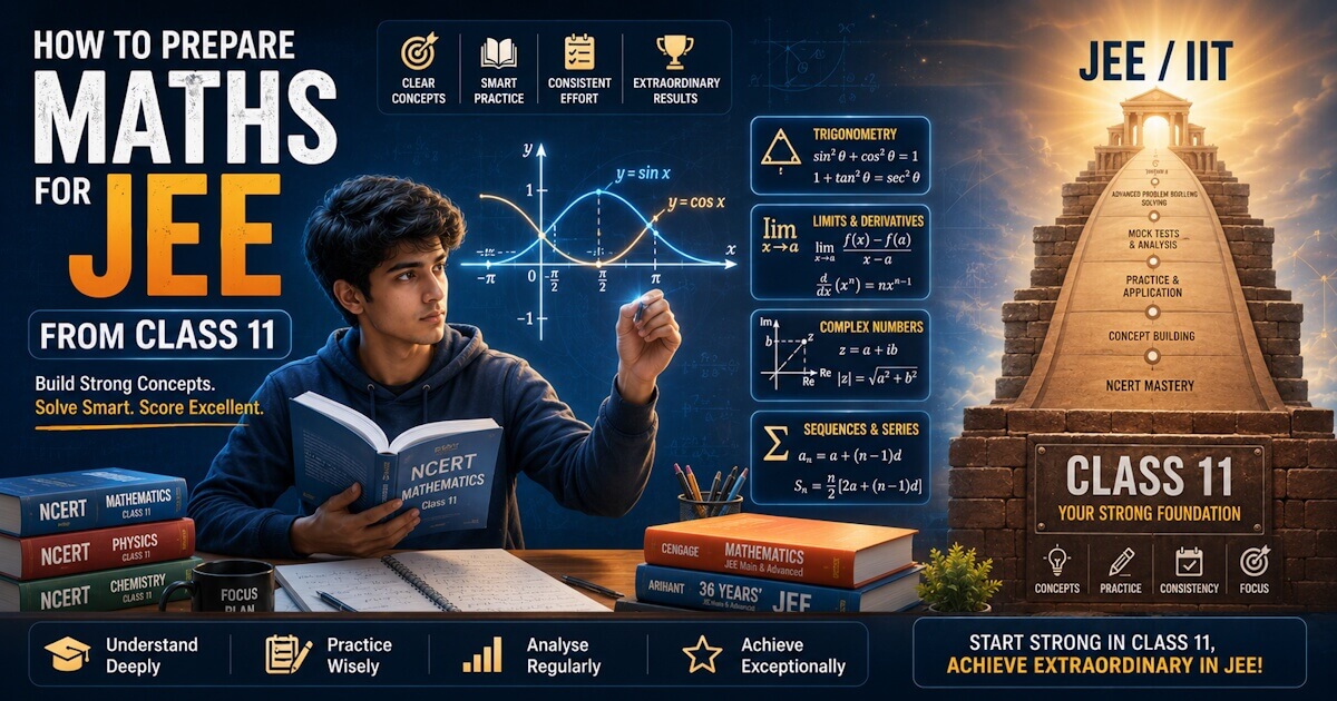 Student preparing Class 11 Mathematics for JEE with algebra, trigonometry and calculus concepts